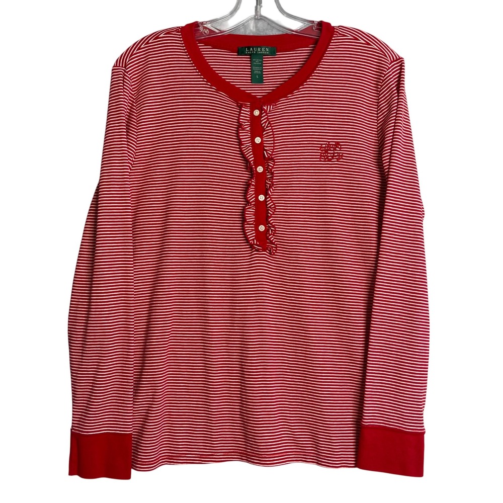 Lauren Ralph Lauren Pajama Top Womens L Red Stripe Ruffle Embroidered Candy Cane
